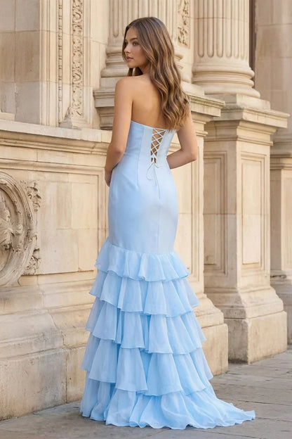 Glamorous Strapless Satin Mermaid Evening Dress with Ruffled Chiffon Skirt High Slit & Lace-Up Back