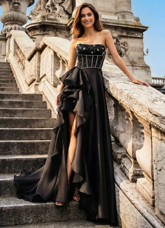 Glamorous Strapless Sequin Beaded Corset Ruffled High Slit Train Satin Prom Dress