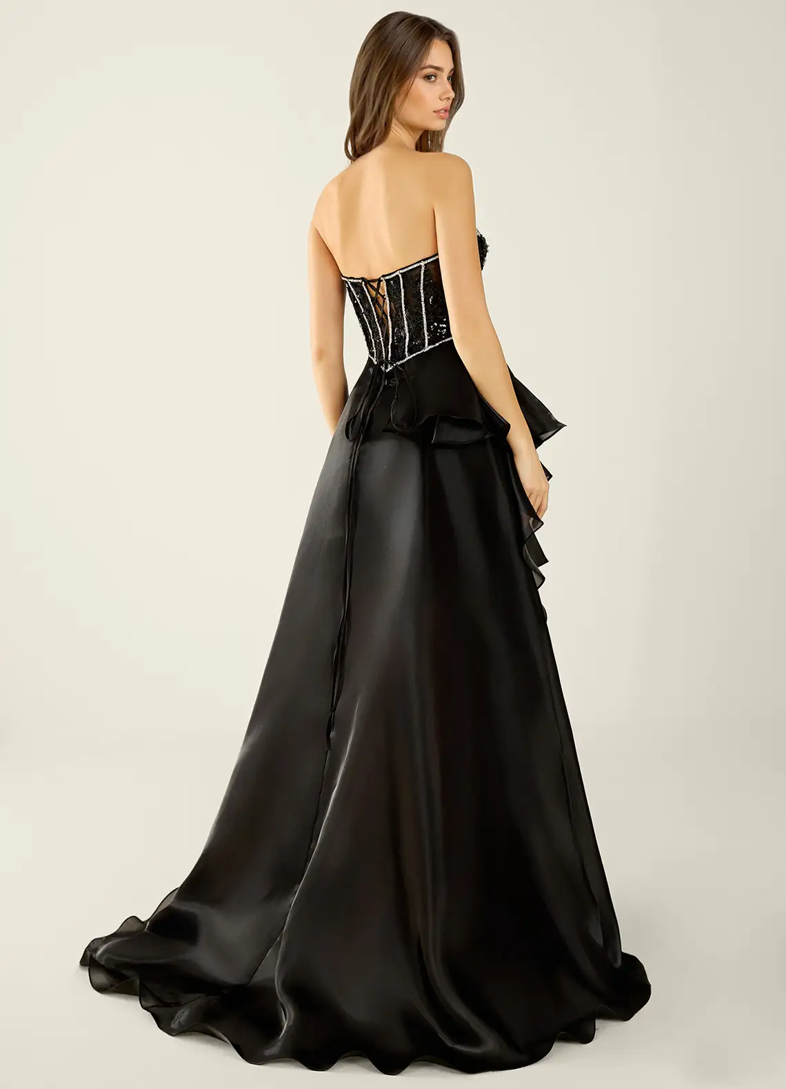 Glamorous Strapless Sequin Beaded Corset Ruffled High Slit Train Satin Prom Dress