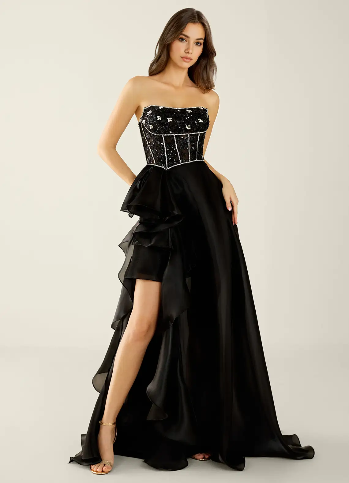 Glamorous Strapless Sequin Beaded Corset Ruffled High Slit Train Satin Prom Dress