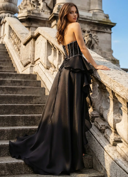 Glamorous Strapless Sequin Beaded Corset Ruffled High Slit Train Satin Prom Dress