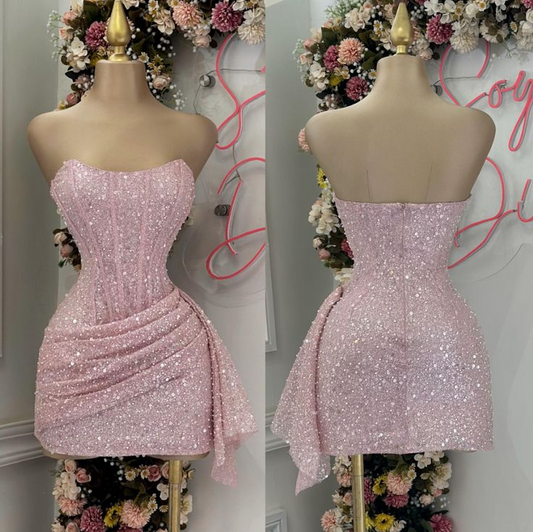 Glamorous Strapless Sheath Mini Homecoming Dress Straight Neck Corset Draped Skirt Side Sash Zipper Back Sparkle Fabric