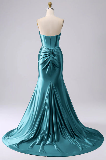 Glamorous Strapless Sweetheart Corset Ruched Mermaid Satin Prom Dresses with High Slit and Train