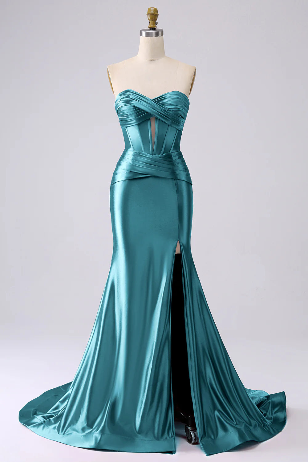 Glamorous Strapless Sweetheart Corset Ruched Mermaid Satin Prom Dresses with High Slit and Train