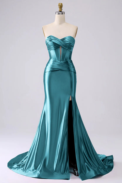 Glamorous Strapless Sweetheart Corset Ruched Mermaid Satin Prom Dresses with High Slit and Train