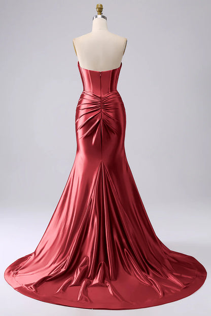 Glamorous Strapless Sweetheart Corset Ruched Mermaid Satin Prom Dresses with High Slit and Train