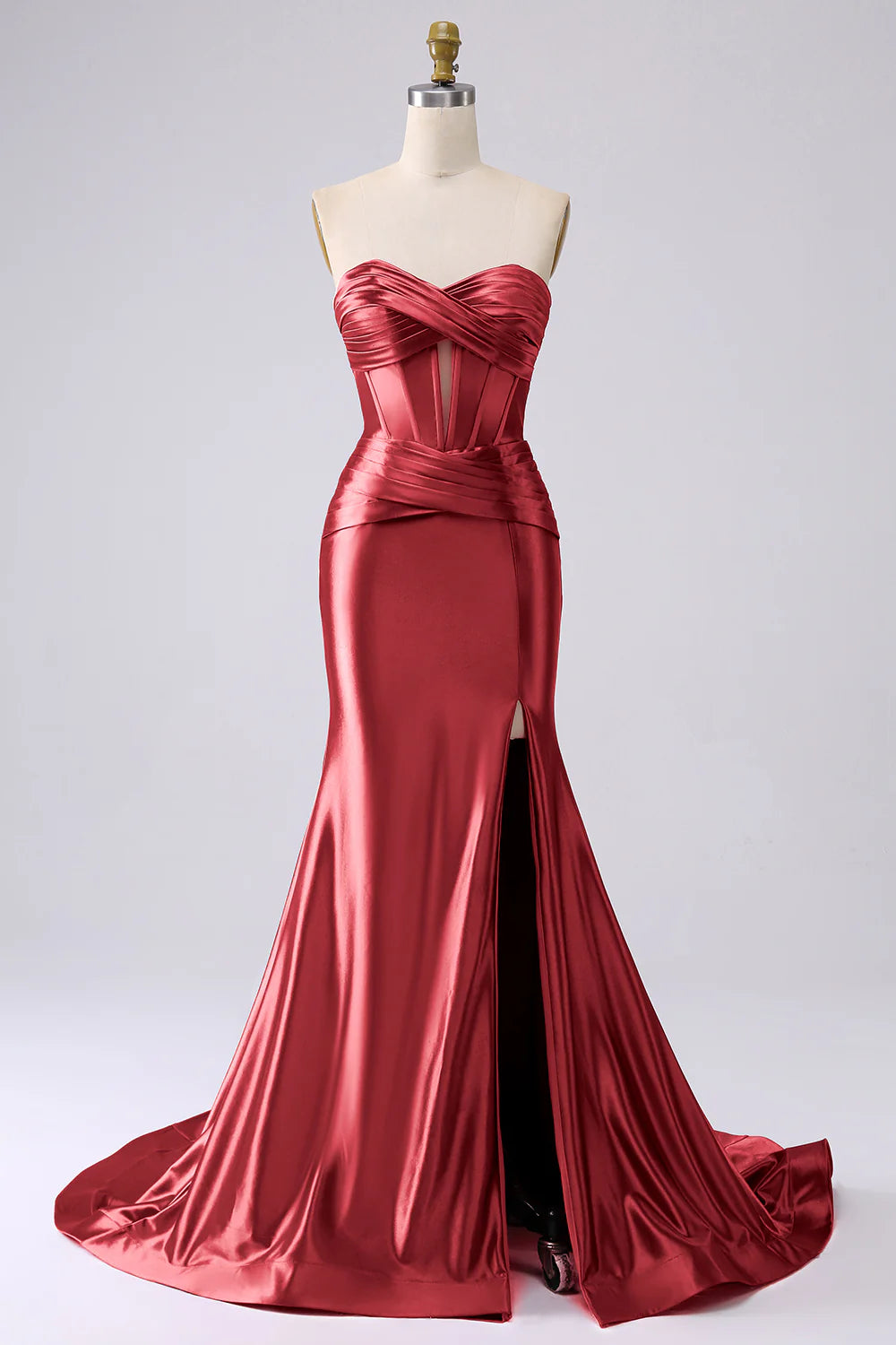 Glamorous Strapless Sweetheart Corset Ruched Mermaid Satin Prom Dresses with High Slit and Train