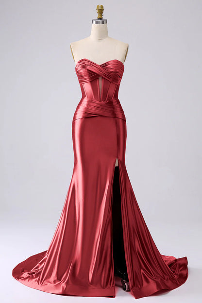 Glamorous Strapless Sweetheart Corset Ruched Mermaid Satin Prom Dresses with High Slit and Train