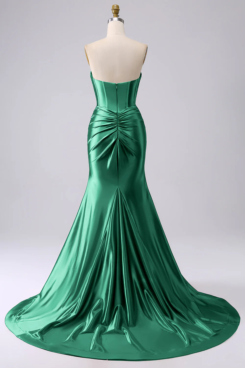 Glamorous Strapless Sweetheart Corset Ruched Mermaid Satin Prom Dresses with High Slit and Train