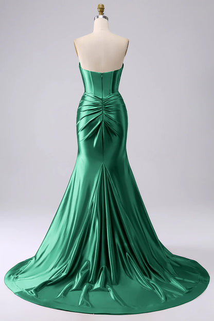Glamorous Strapless Sweetheart Corset Ruched Mermaid Satin Prom Dresses with High Slit and Train