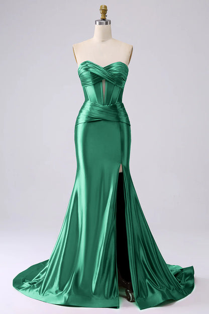 Glamorous Strapless Sweetheart Corset Ruched Mermaid Satin Prom Dresses with High Slit and Train