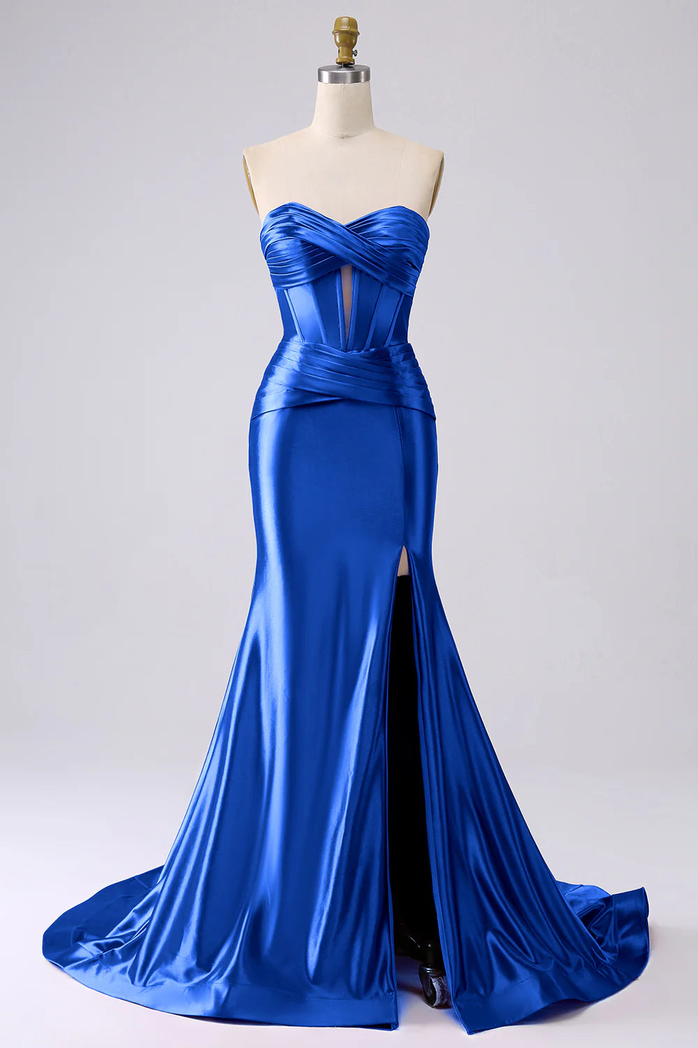 Glamorous Strapless Sweetheart Corset Ruched Mermaid Satin Prom Dresses with High Slit and Train
