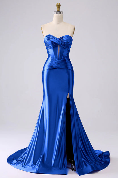 Glamorous Strapless Sweetheart Corset Ruched Mermaid Satin Prom Dresses with High Slit and Train