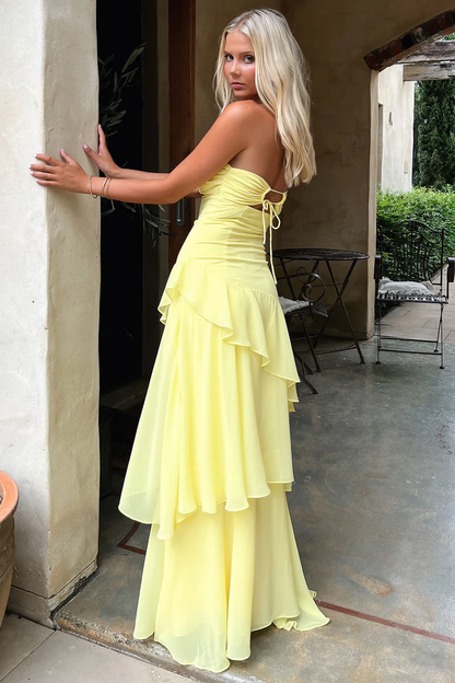 Glamorous Strapless Sweetheart Cut-Out Tiered Ruffle Chiffon Maxi Evening Dress