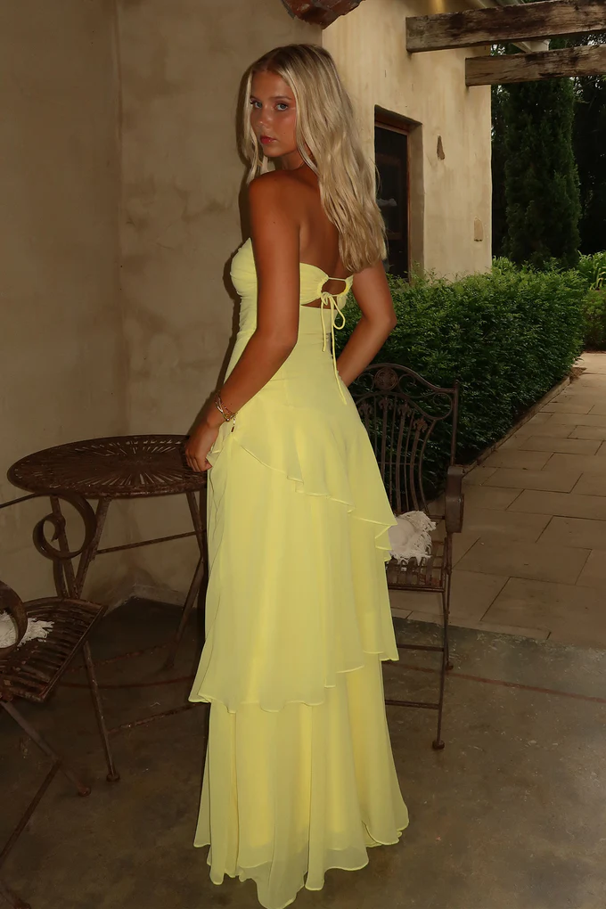 Glamorous Strapless Sweetheart Cut-Out Tiered Ruffle Chiffon Maxi Evening Dress