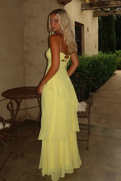 Glamorous Strapless Sweetheart Cut-Out Tiered Ruffle Chiffon Maxi Evening Dress