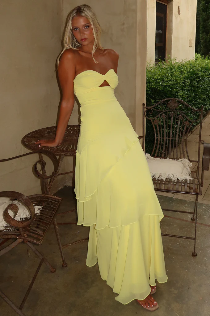 Glamorous Strapless Sweetheart Cut-Out Tiered Ruffle Chiffon Maxi Evening Dress