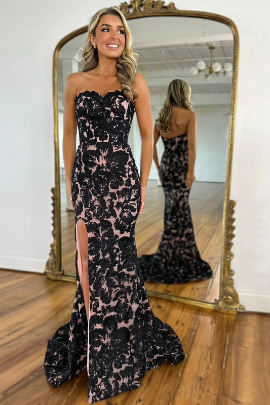 Glamorous Strapless Sweetheart Neck Sequin Floral Lace Mermaid High Slit Train Prom Dress