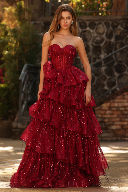 Glamorous Strapless Tiered Tulle Prom Dress with Sequin Fringe and Lace-Up Back