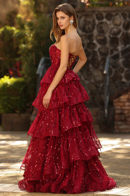 Glamorous Strapless Tiered Tulle Prom Dress with Sequin Fringe and Lace-Up Back