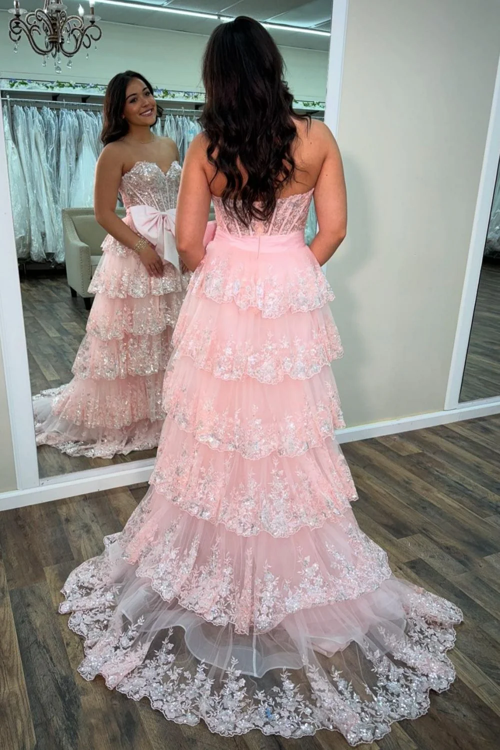 Glamorous Strapless Tiered Tulle Prom Dress with Sequin Lace and Bow Sash