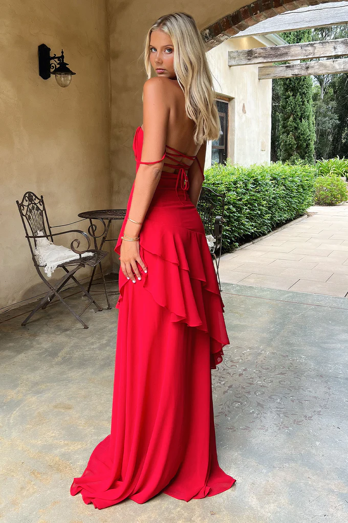 Glamorous Sweetheart Spaghetti Straps Lace-Up Back Tiered Ruffle Chiffon Maxi Evening Dress