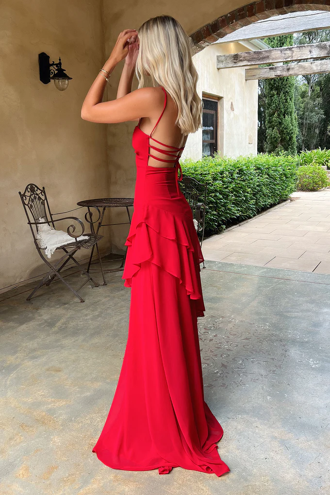 Glamorous Sweetheart Spaghetti Straps Lace-Up Back Tiered Ruffle Chiffon Maxi Evening Dress