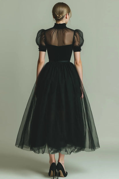 Glamorous Tulle A-Line High Neck Puff Sleeve Split Detail Sleeveless Zipper Back Tea-Length Formal Evening Dresses