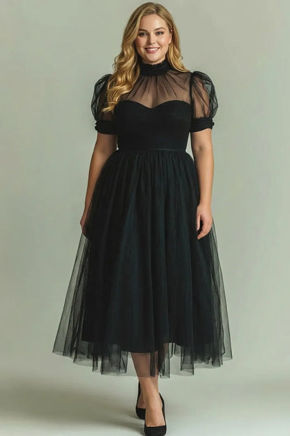 Glamorous Tulle A-Line High Neck Puff Sleeve Split Detail Sleeveless Zipper Back Tea-Length Formal Evening Dresses