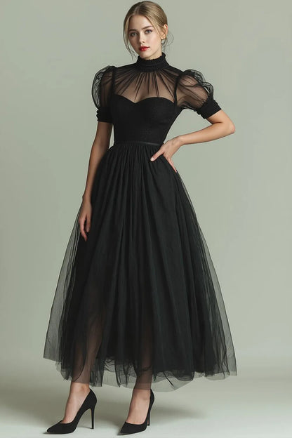 Glamorous Tulle A-Line High Neck Puff Sleeve Split Detail Sleeveless Zipper Back Tea-Length Formal Evening Dresses