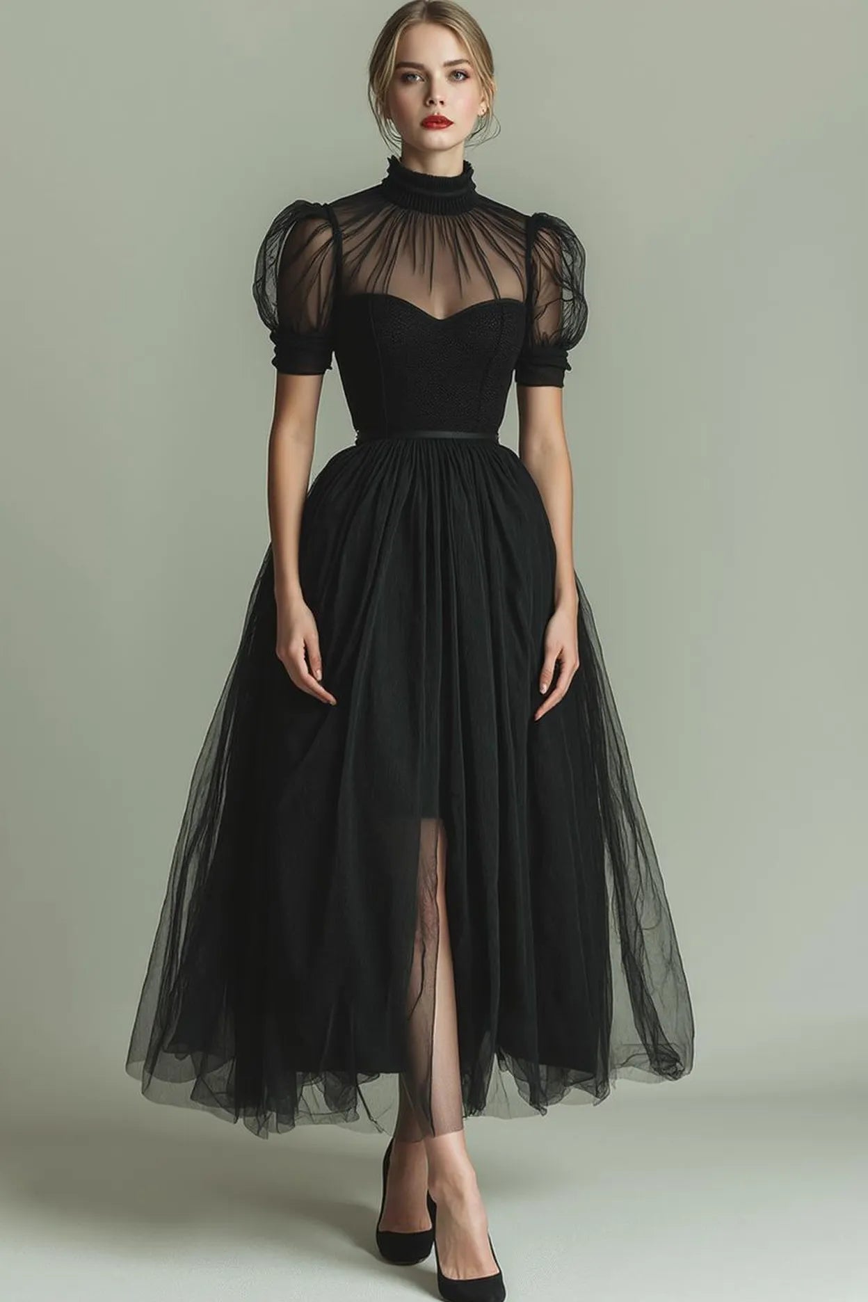 Glamorous Tulle A-Line High Neck Puff Sleeve Split Detail Sleeveless Zipper Back Tea-Length Formal Evening Dresses