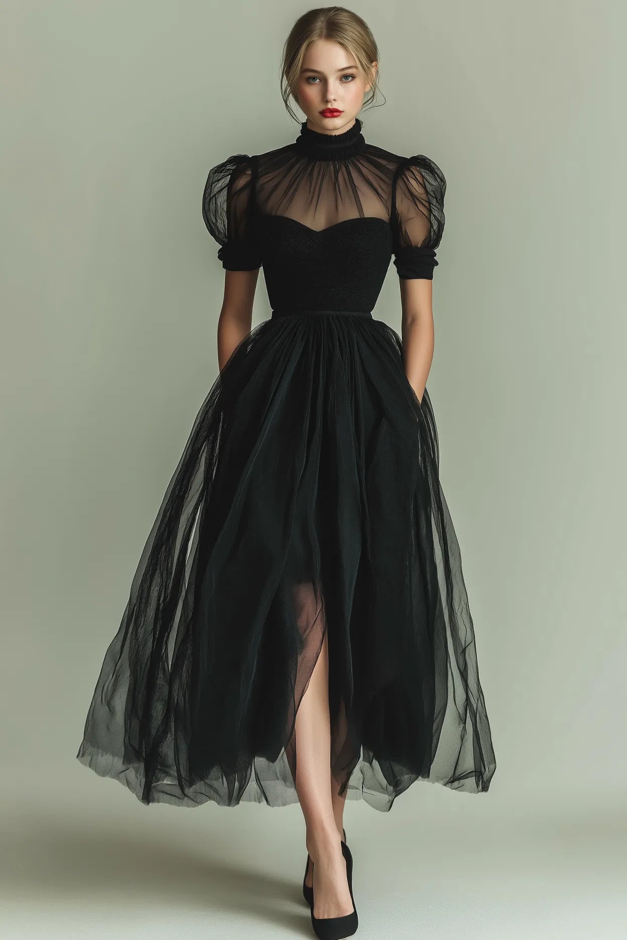 Glamorous Tulle A-Line High Neck Puff Sleeve Split Detail Sleeveless Zipper Back Tea-Length Formal Evening Dresses