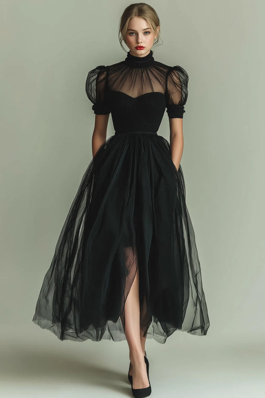 Glamorous Tulle A-Line High Neck Puff Sleeve Split Detail Sleeveless Zipper Back Tea-Length Formal Evening Dresses