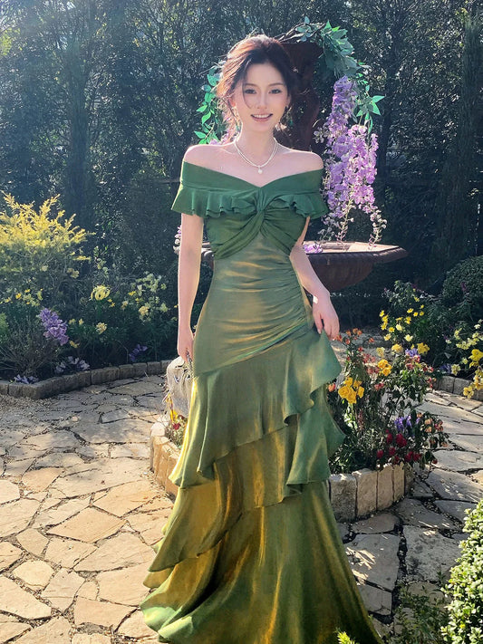 Glamorous Vintage Fitted Mermaid Off-the-Shoulder Sleeveless Back Zip Floor-Length Prom Dresses