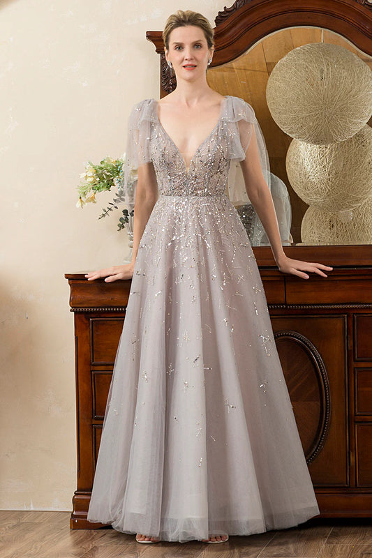 Glamorous Voluminous A-Line Deep V-Neck Tulle Short Sleeve Open Back Maxi Mother of the Bride Dress