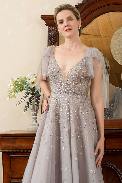 Glamorous Voluminous A-Line Deep V-Neck Tulle Short Sleeve Open Back Maxi Mother of the Bride Dress