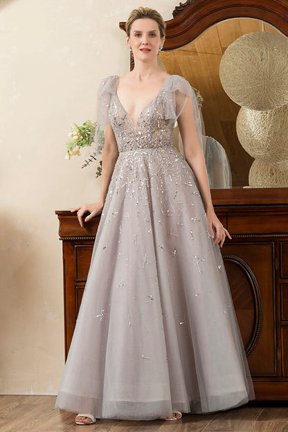 Glamorous Voluminous A-Line Deep V-Neck Tulle Short Sleeve Open Back Maxi Mother of the Bride Dress