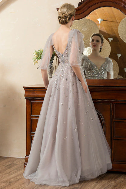 Glamorous Voluminous A-Line Deep V-Neck Tulle Short Sleeve Open Back Maxi Mother of the Bride Dress