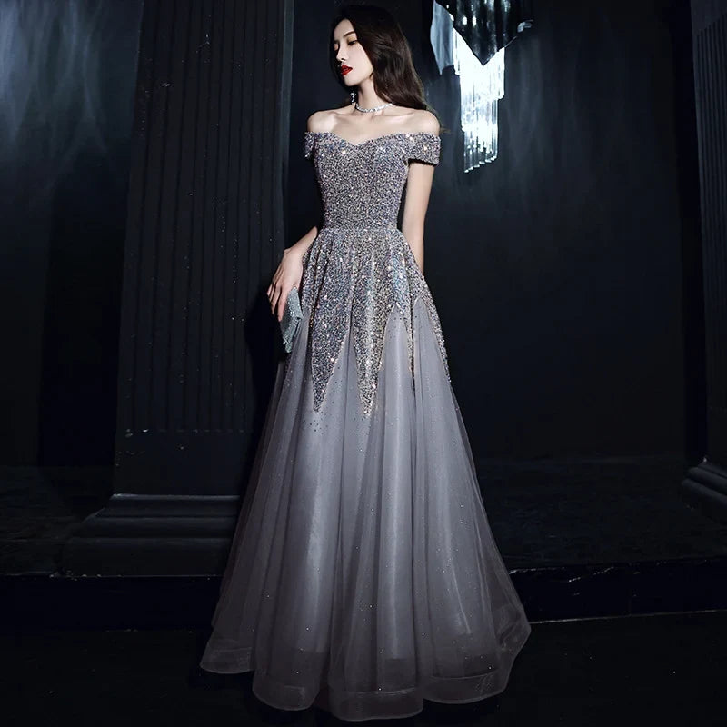 Glamorous A-Line Off-Shoulder Short-Sleeve Sparkly Sequin Grey Floor-Length Evening Dresses Women Gown