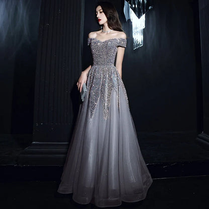 Glamorous A-Line Off-Shoulder Short-Sleeve Sparkly Sequin Grey Floor-Length Evening Dresses Women Gown