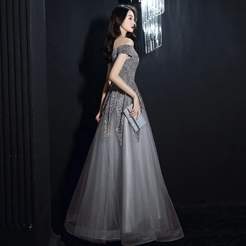 Glamorous A-Line Off-Shoulder Short-Sleeve Sparkly Sequin Grey Floor-Length Evening Dresses Women Gown