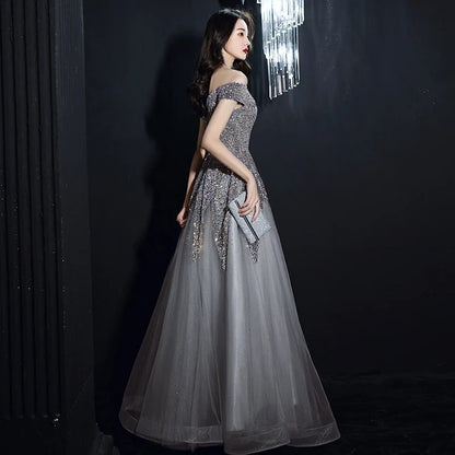 Glamorous A-Line Off-Shoulder Short-Sleeve Sparkly Sequin Grey Floor-Length Evening Dresses Women Gown