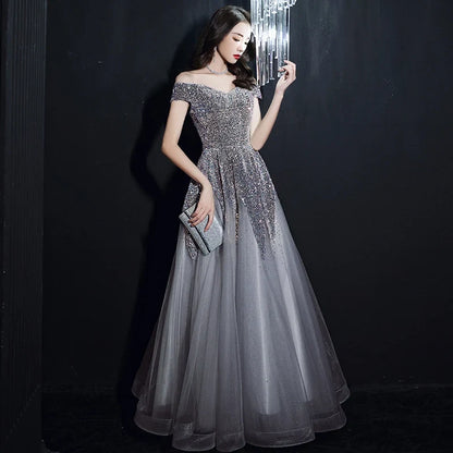 Glamorous A-Line Off-Shoulder Short-Sleeve Sparkly Sequin Grey Floor-Length Evening Dresses Women Gown