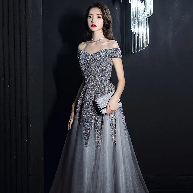 Glamorous A-Line Off-Shoulder Short-Sleeve Sparkly Sequin Grey Floor-Length Evening Dresses Women Gown