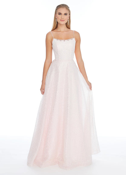 Glamorous A-Line Square-Neck Sleeveless Beaded-Back Blush Long Prom Dresses Women Gown