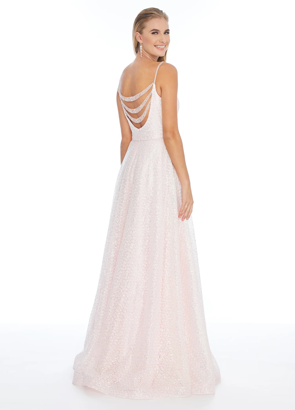 Glamorous A-Line Square-Neck Sleeveless Beaded-Back Blush Long Prom Dresses Women Gown
