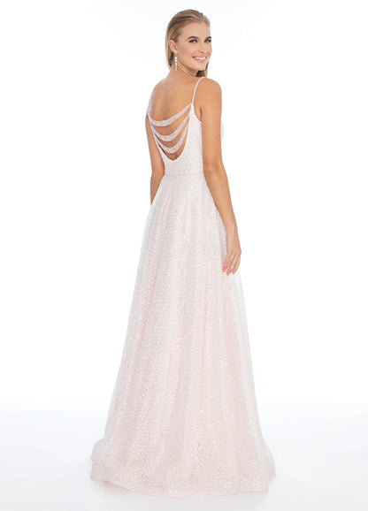 Glamorous A-Line Square-Neck Sleeveless Beaded-Back Blush Long Prom Dresses Women Gown