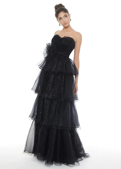Glamorous A-Line Strapless Sleeveless Tiered Sparkly Black Floor-Length Prom Dresses Women Gown