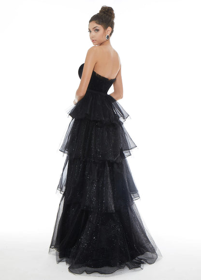 Glamorous A-Line Strapless Sleeveless Tiered Sparkly Black Floor-Length Prom Dresses Women Gown