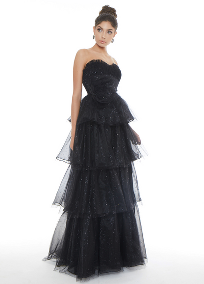 Glamorous A-Line Strapless Sleeveless Tiered Sparkly Black Floor-Length Prom Dresses Women Gown